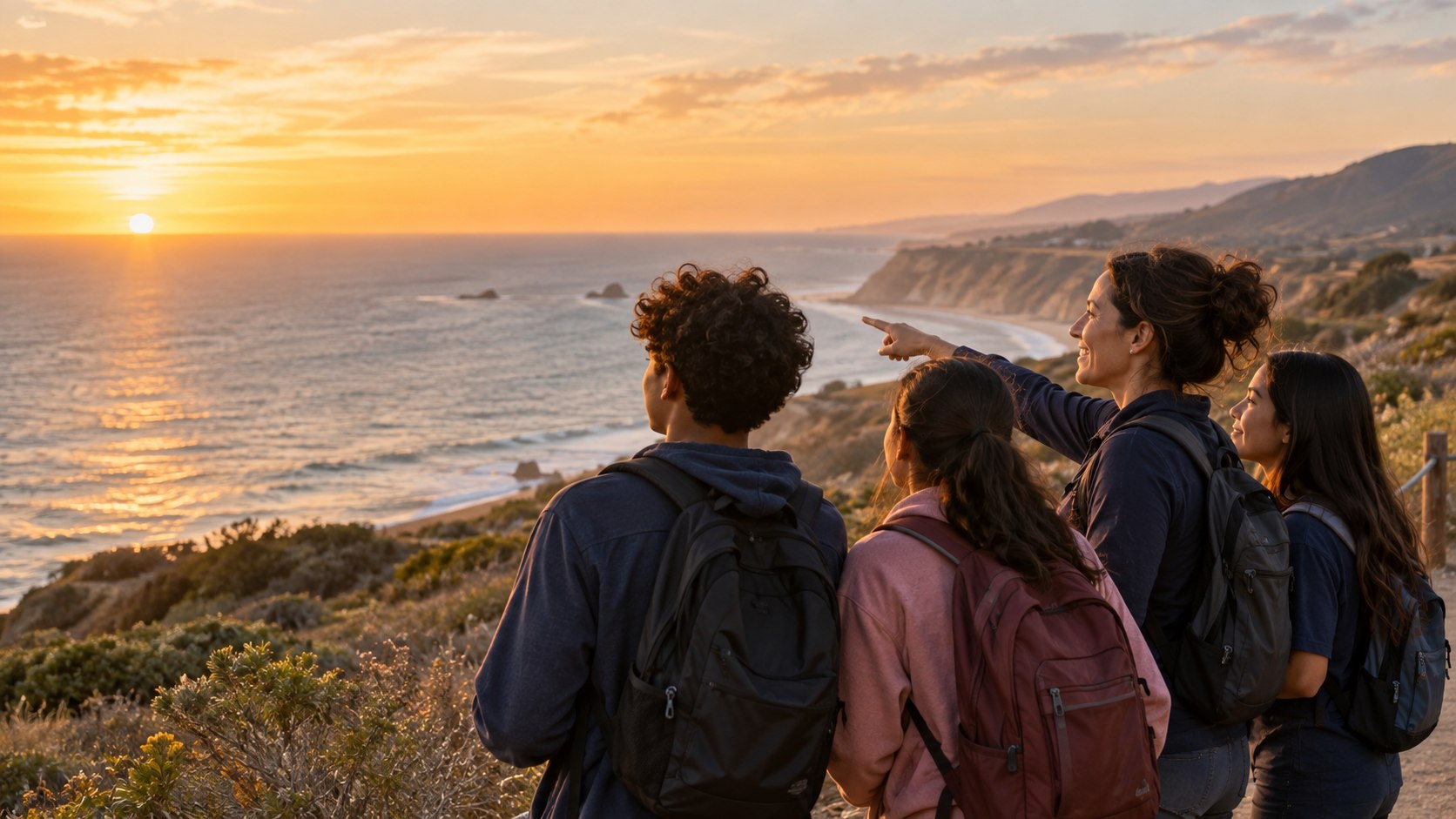 AI-generated illustration of young people and a mentor exploring a coastal overlook.