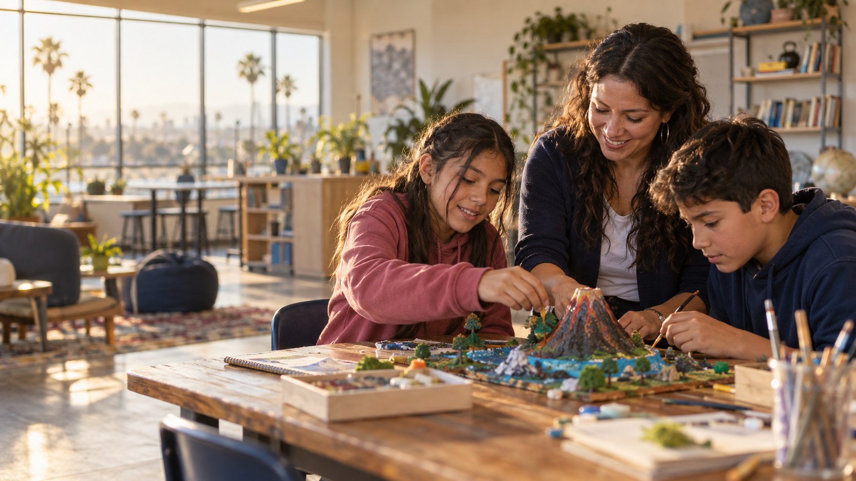 AI-generated illustration of children building a science model with a mentor.