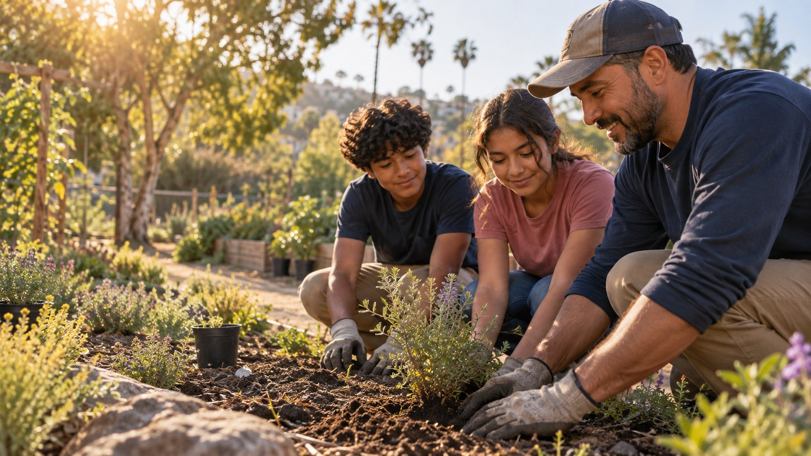 AI-generated illustration of teenagers and a mentor planting a community garden.